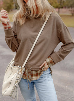 Drawstring Plaid Turtleneck Long Sleeve Top