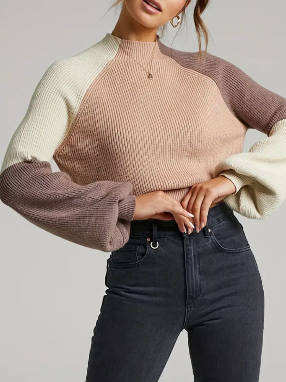 Contrast Mock Neck Long Sleeve Sweater