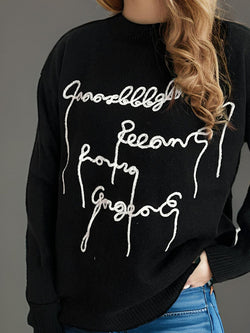 Letter Contrast Round Neck Dropped Shoulder Sweater