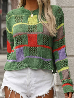 Openwork Color Block Round Neck Sweater