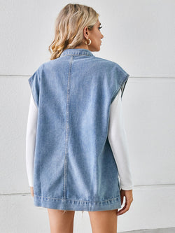 Pocketed Button Up Sleeveless Denim Jacket