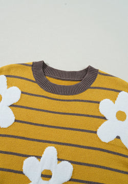 Flower Stripe Round Neck Long Sleeve Sweater