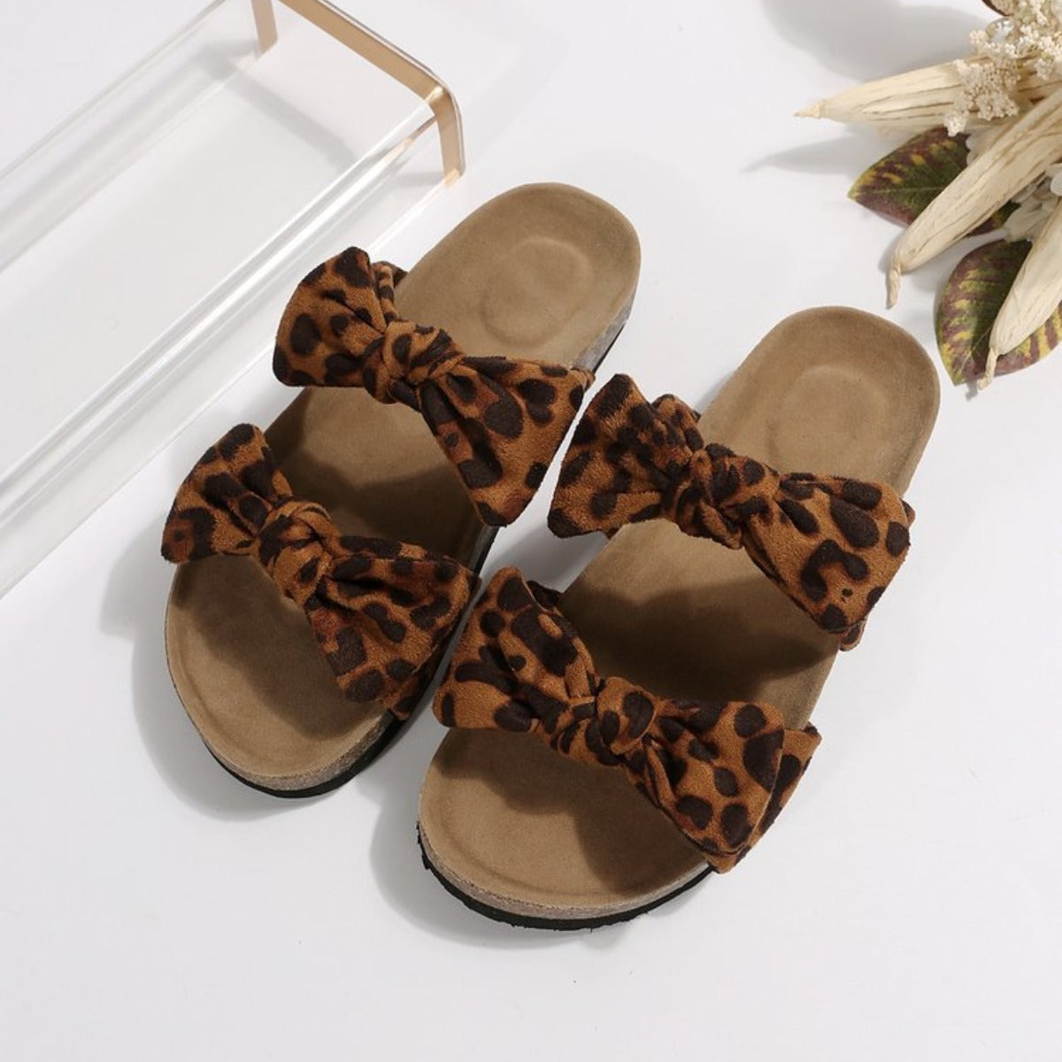 Leopard Double Bow Open Toe Sandals