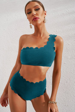 Scalloped Trim One-Shoulder Swim Set