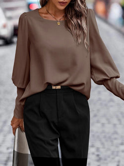 Decorative Button Round Neck Long Sleeve Blouse