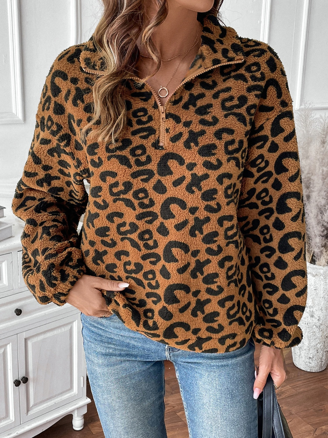 Sudadera de manga larga con media cremallera y estampado de leopardo