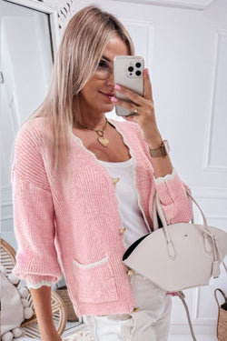 Contrast Trim V-Neck Long Sleeve Cardigan