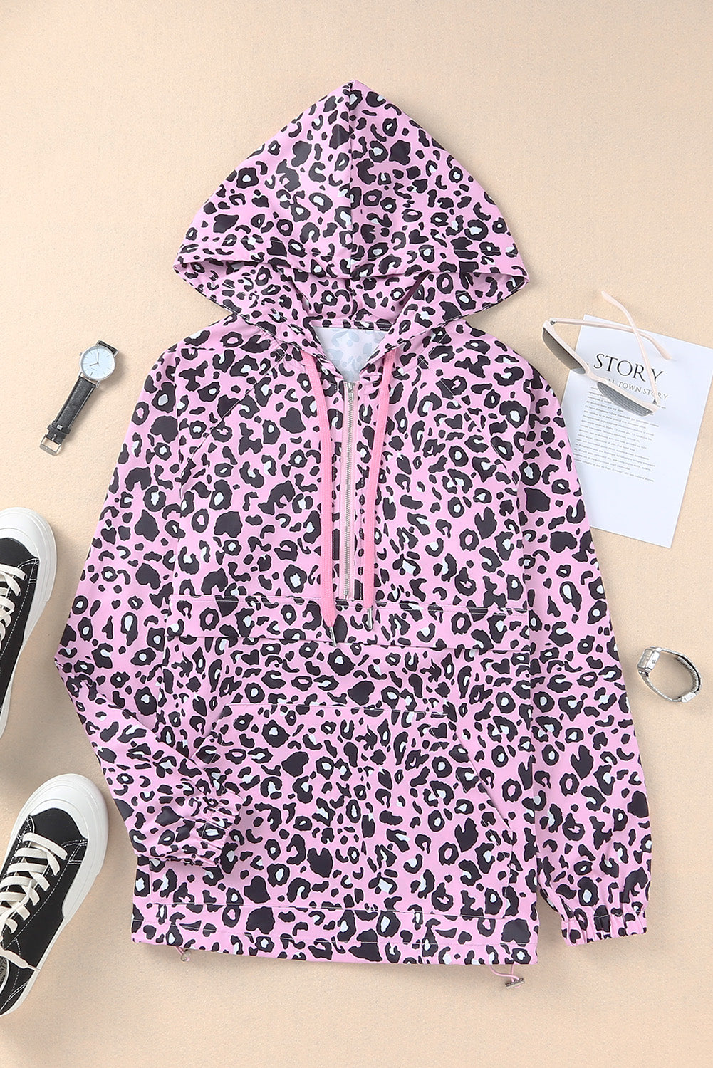 Drawstring Leopard Half Zip Hoodie