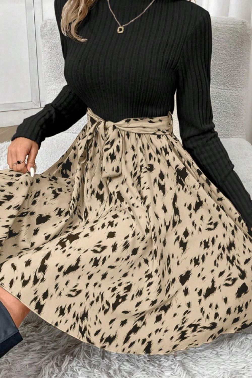 Printed Tie Waist Mock Neck Long Sleeve Dress