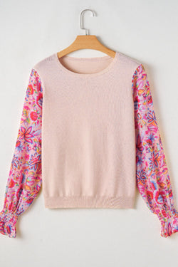 Printed Round Neck Flounce Sleeve Sweater