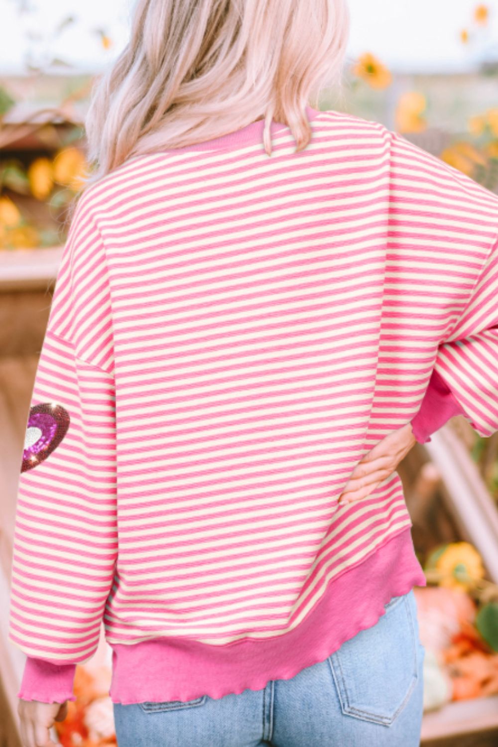 Valentine’s Day Sequin Heart Striped Round Neck Long Sleeve Sweatshirt