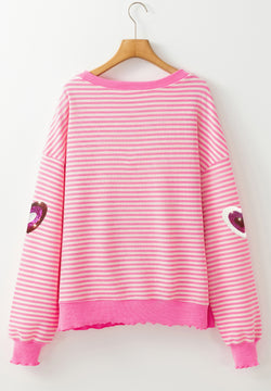 Valentine’s Day Sequin Heart Striped Round Neck Long Sleeve Sweatshirt