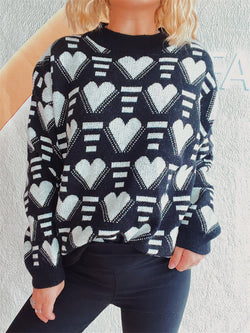 Heart Contrast Long Sleeve Dropped Shoulder Sweater