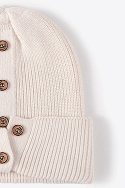 Button Detail Rib-Knit Cuff Beanie