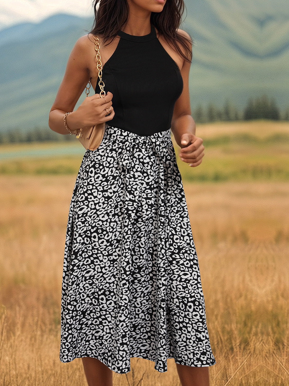 Perfee Leopard Halter Neck Midi Dress