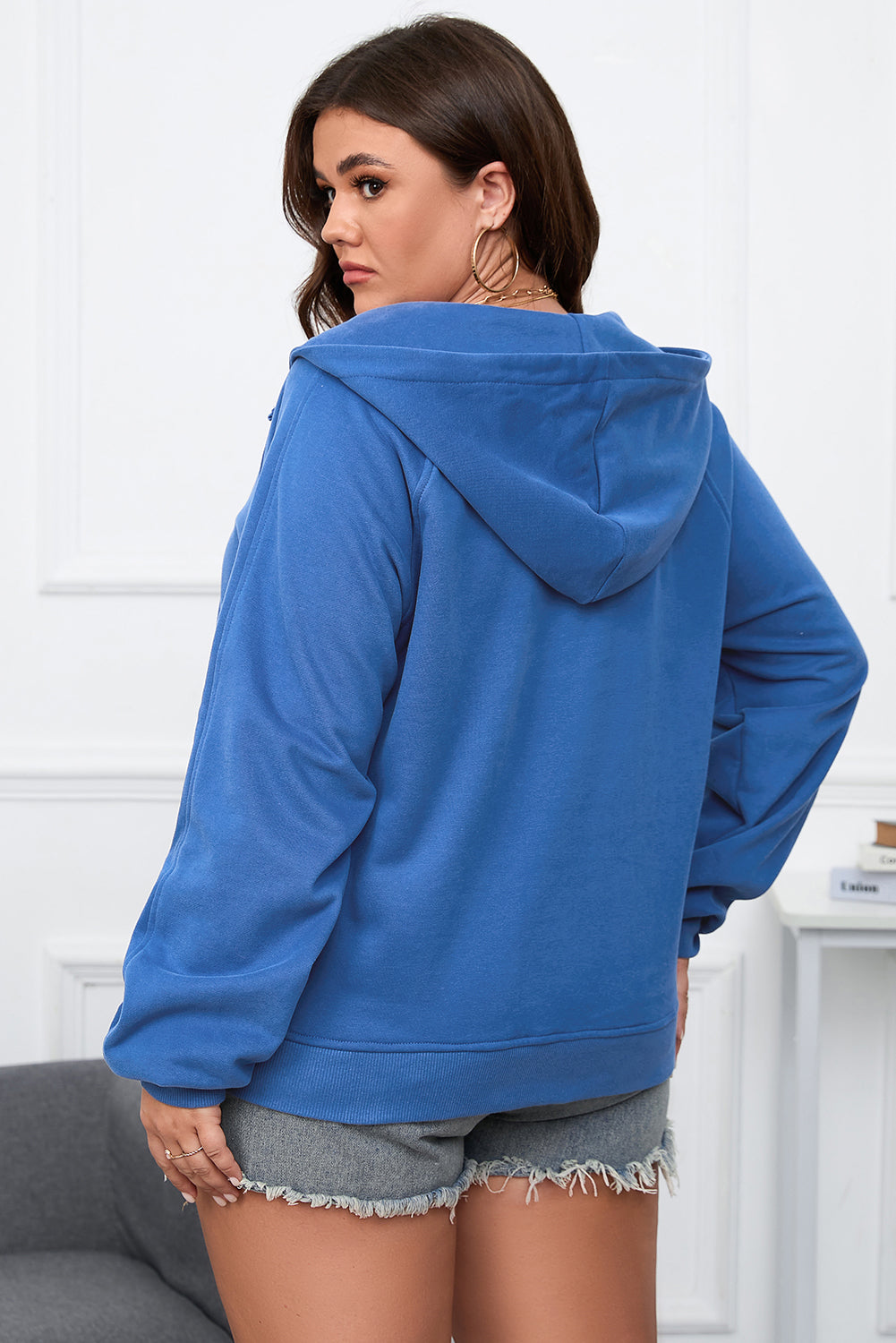 Plus Size Quarter Zip Raglan Sleeve Hoodie