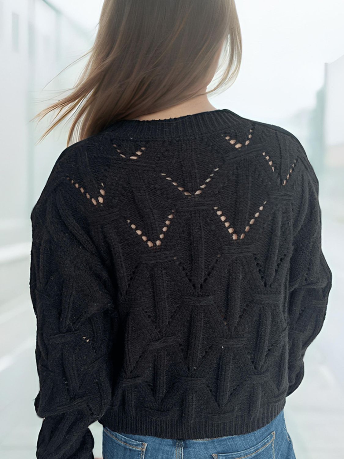 Openwork Round Neck Long Sleeve Cardigan