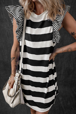 Ruffled Striped Round Neck Cap Sleeve Mini Dress