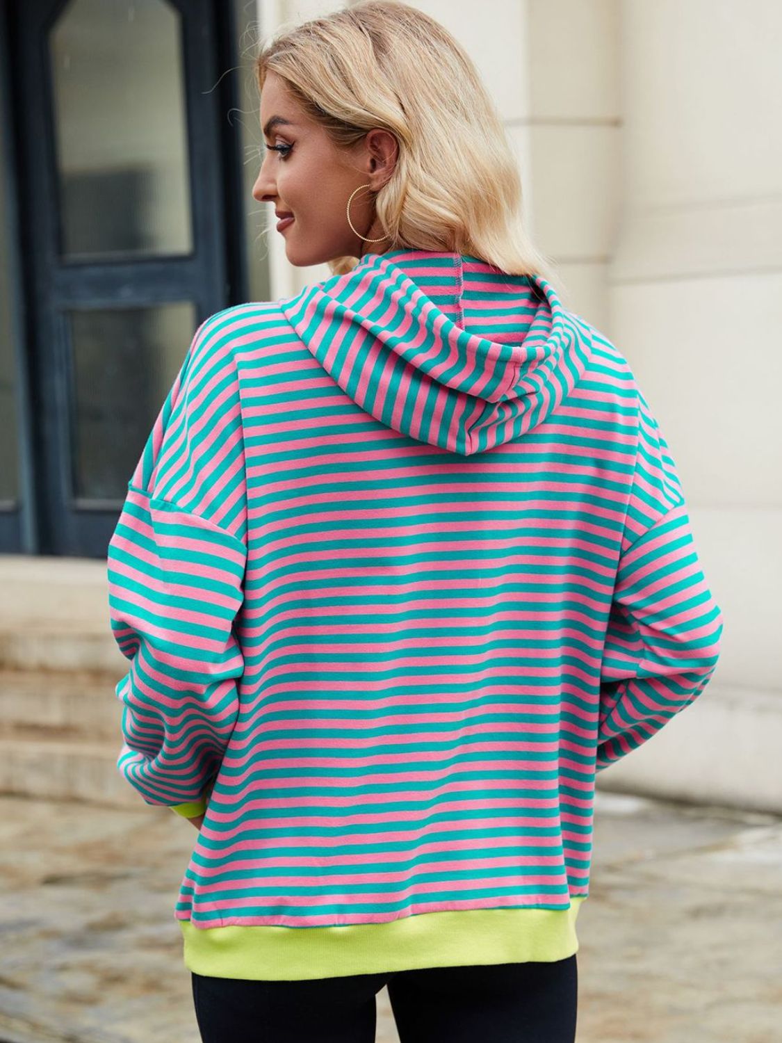 Drawstring Contrast Striped Long Sleeve Hoodie