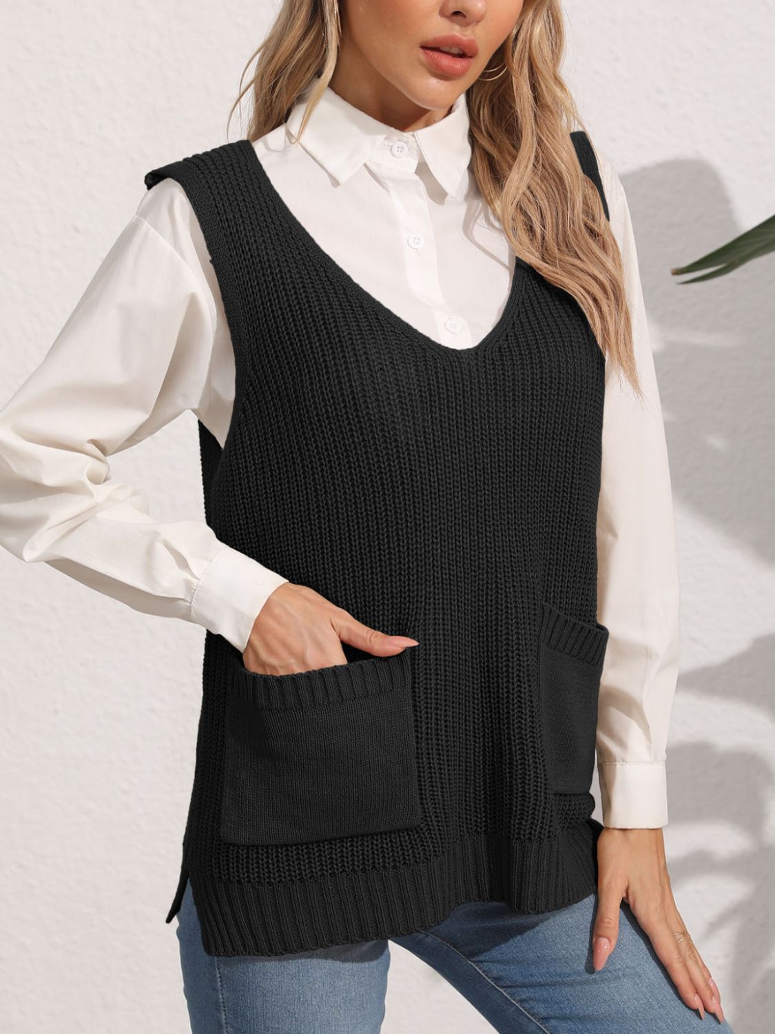 Pocketed V-Neck Sweater Vest