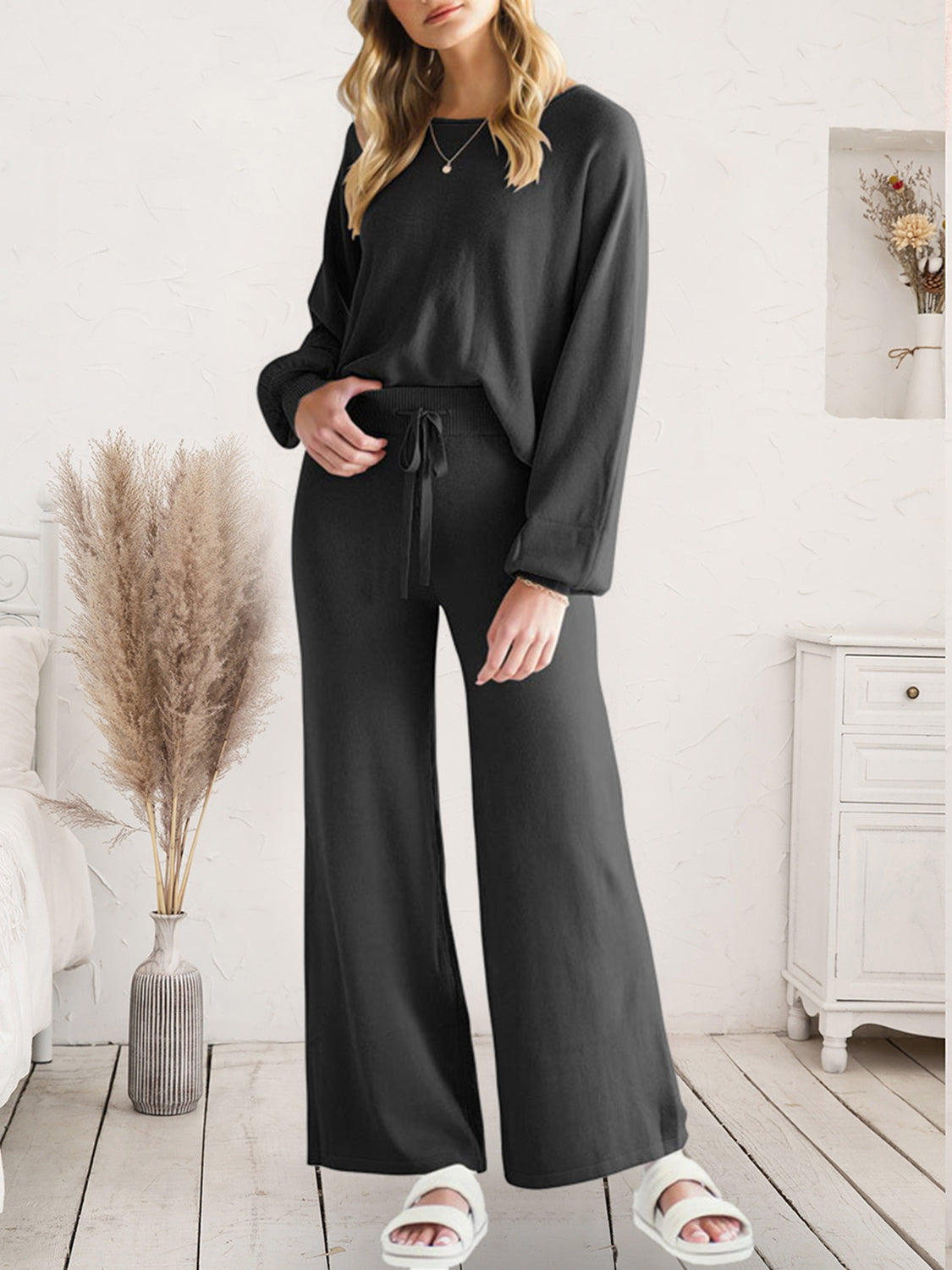 Long Sleeve Lounge Top and Drawstring Pants Set