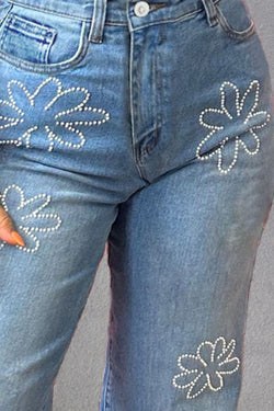 Rhinestone Straight Jeans with Pockets