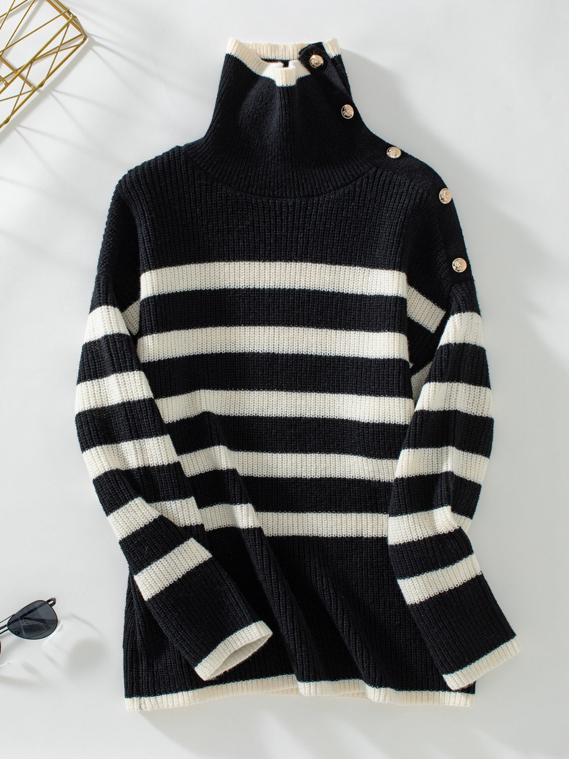 Buttoned Striped Long Sleeve Sweater