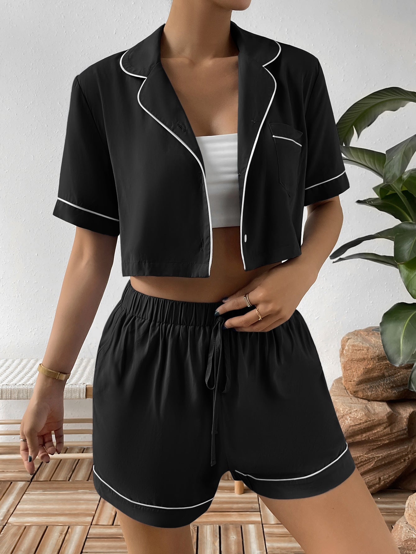 Ivy Lane Contrast Lapel Collar Cropped Shirt and Shorts Lounge Set