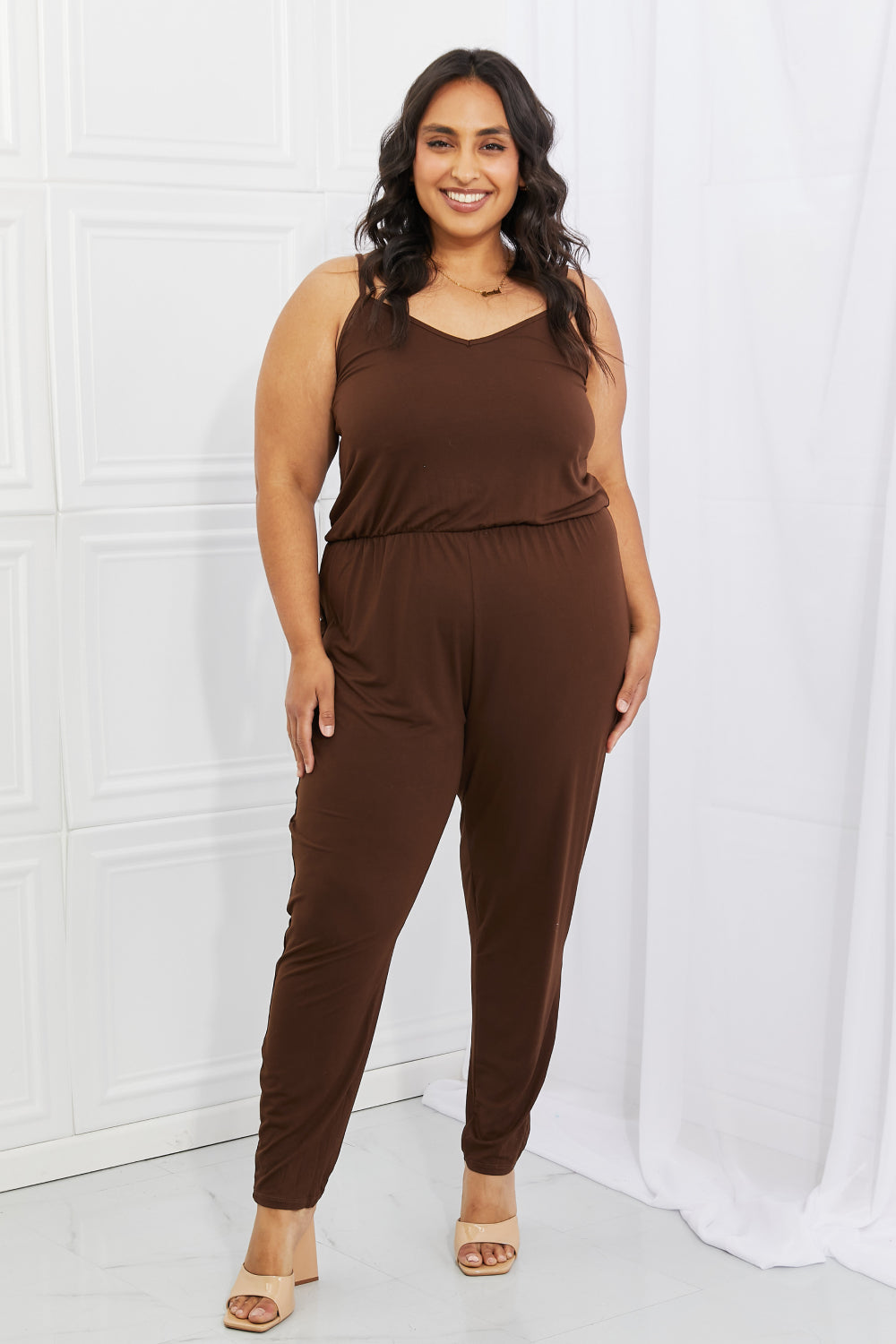 Capella Comfy Casual Full Size Solid Elastic Waistband Jumpsuit in Chocolate