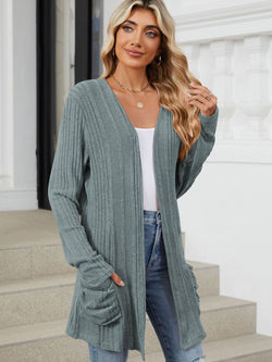 Pocketed Open Front Long Sleeve Cardigan