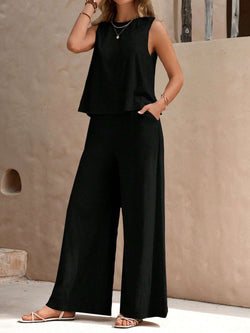 Round Neck Sleeveless Top and Wide Leg Pants Set