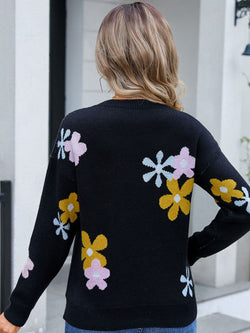 Angel Wings Flower Round Neck Dropped Shoulder Sweater