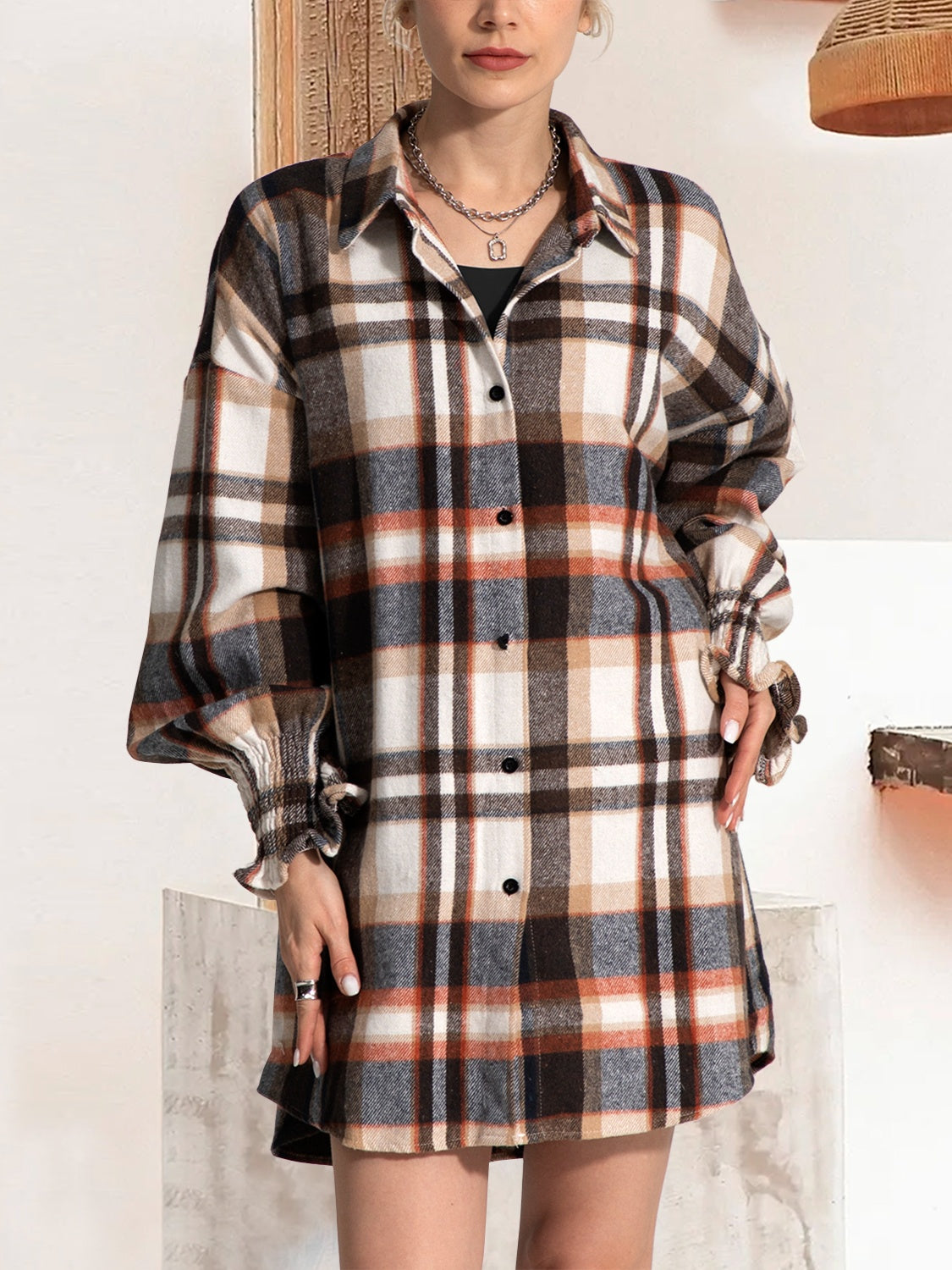 FAM-FAM Button Up Plaid Long Sleeve Shirt Dress