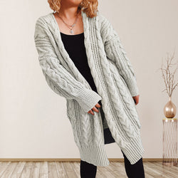 Cable-Knit Open Front Dropped Shoulder Cardigan