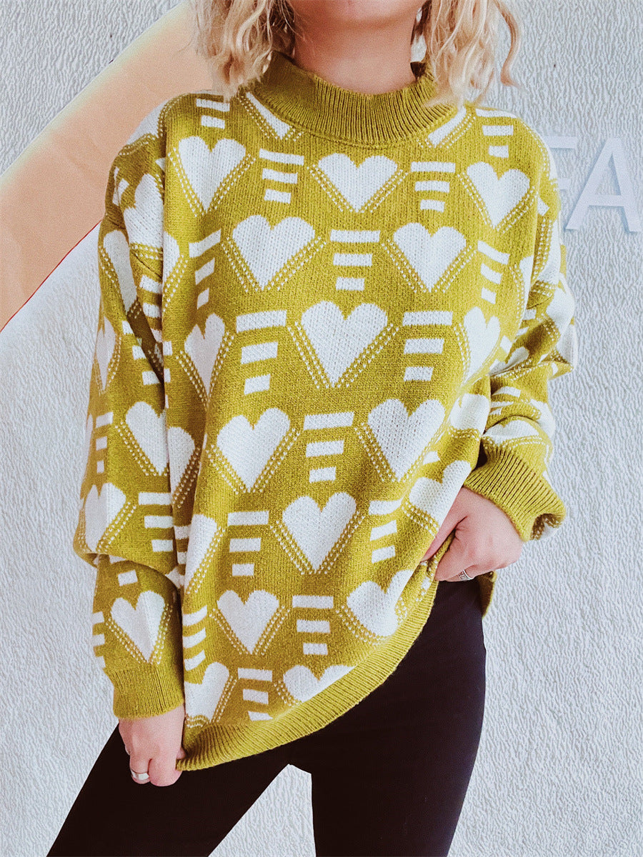 Heart Contrast Long Sleeve Dropped Shoulder Sweater