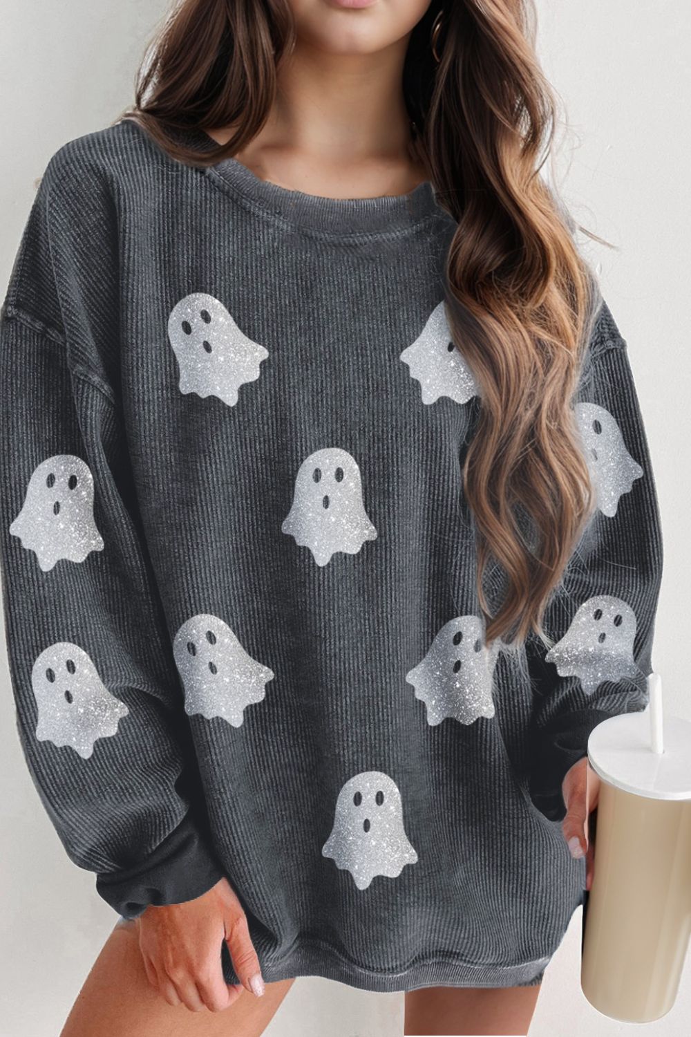 Sudadera de manga larga y cuello redondo con diseño de fantasma con purpurina