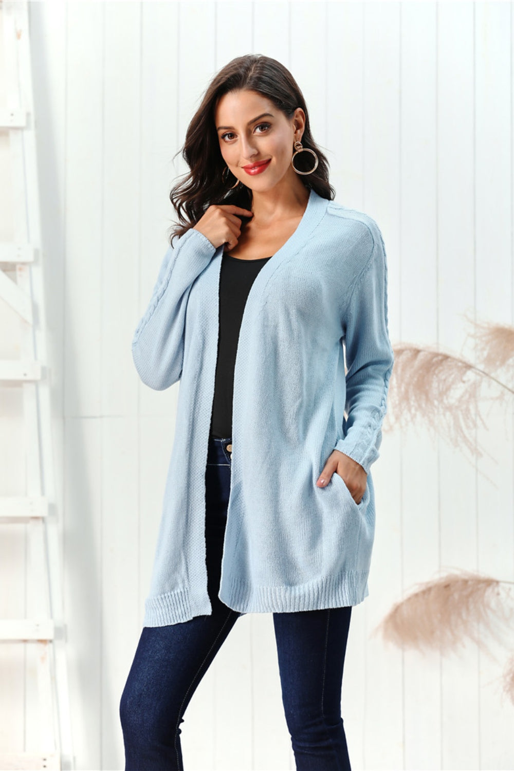 Cable-Knit Open Front Long Sleeve Cardigan