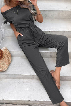 Perfee Off-Shoulder Tie Cuff Jumpsuit with Pockets