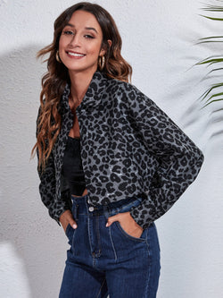 Leopard Button Up Collared Neck Cropped Jacket