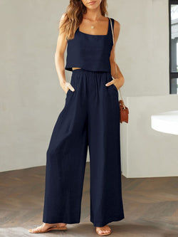 Square Neck Top and Wide Leg Pants Set