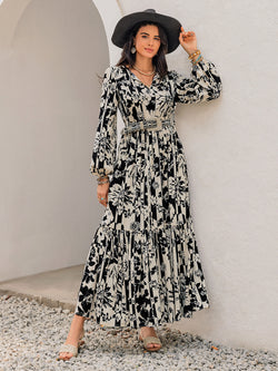 Smocked Printed Tie Neck Long Sleeve Dress