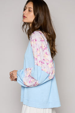 POL Round Neck Balloon Floral Long Sleeve Top