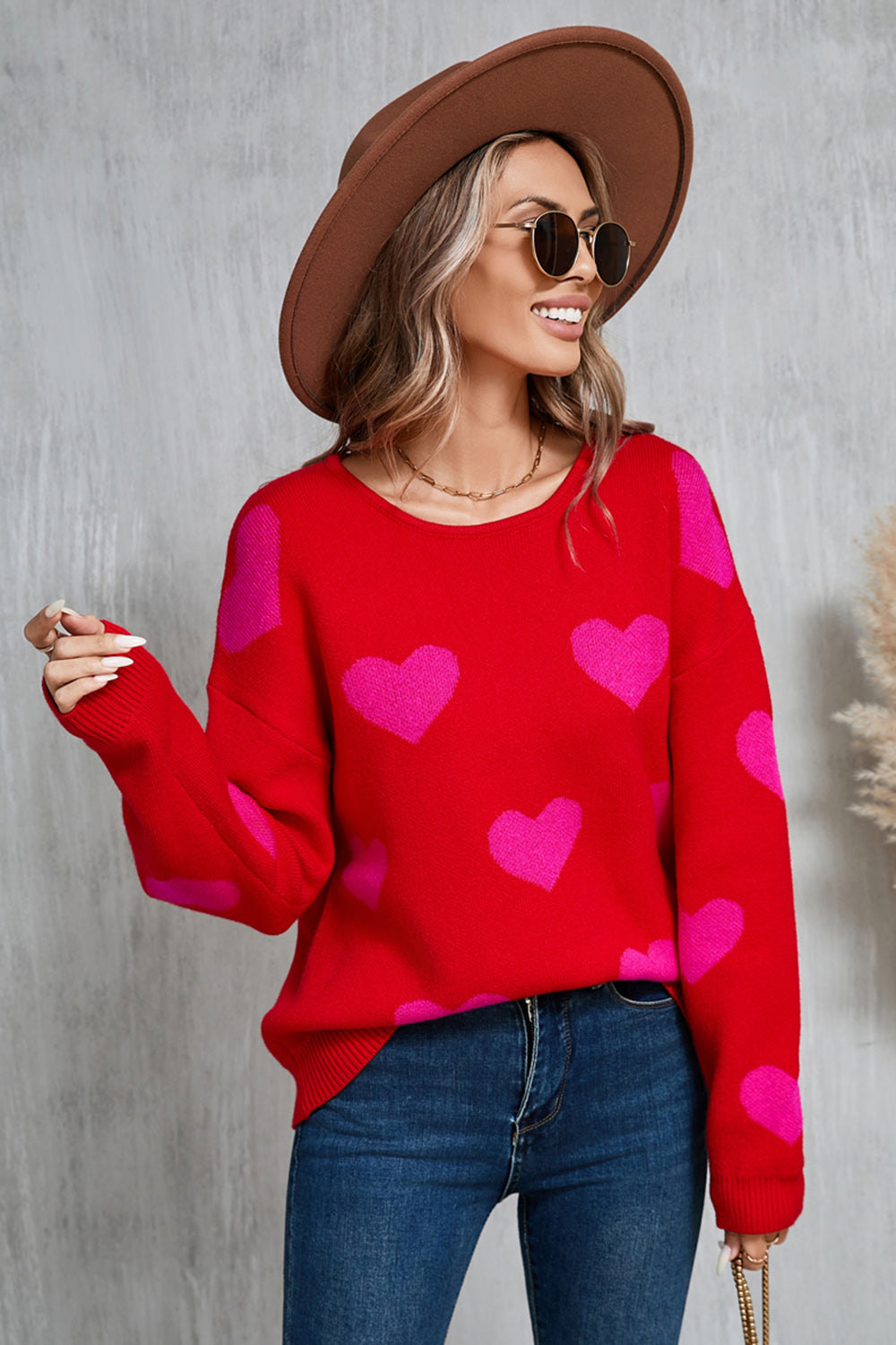 Angel Wings Heart Round Neck Dropped Shoulder Sweater