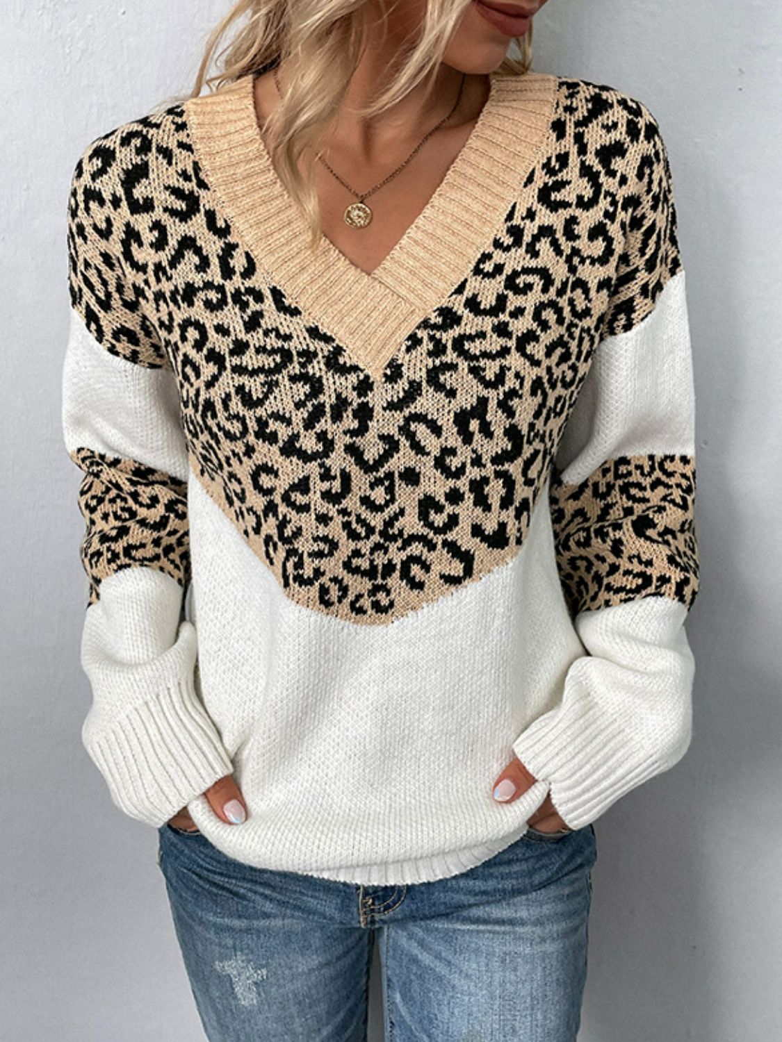 Leopard V-Neck Dropped Shoulder Sweater