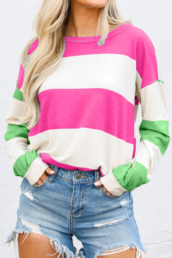 Blusa de manga larga con cuello redondo y bloques de colores en contraste