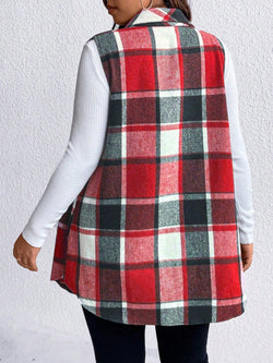 Honey Plus Size Pocketed Plaid Button Up Vest Coat