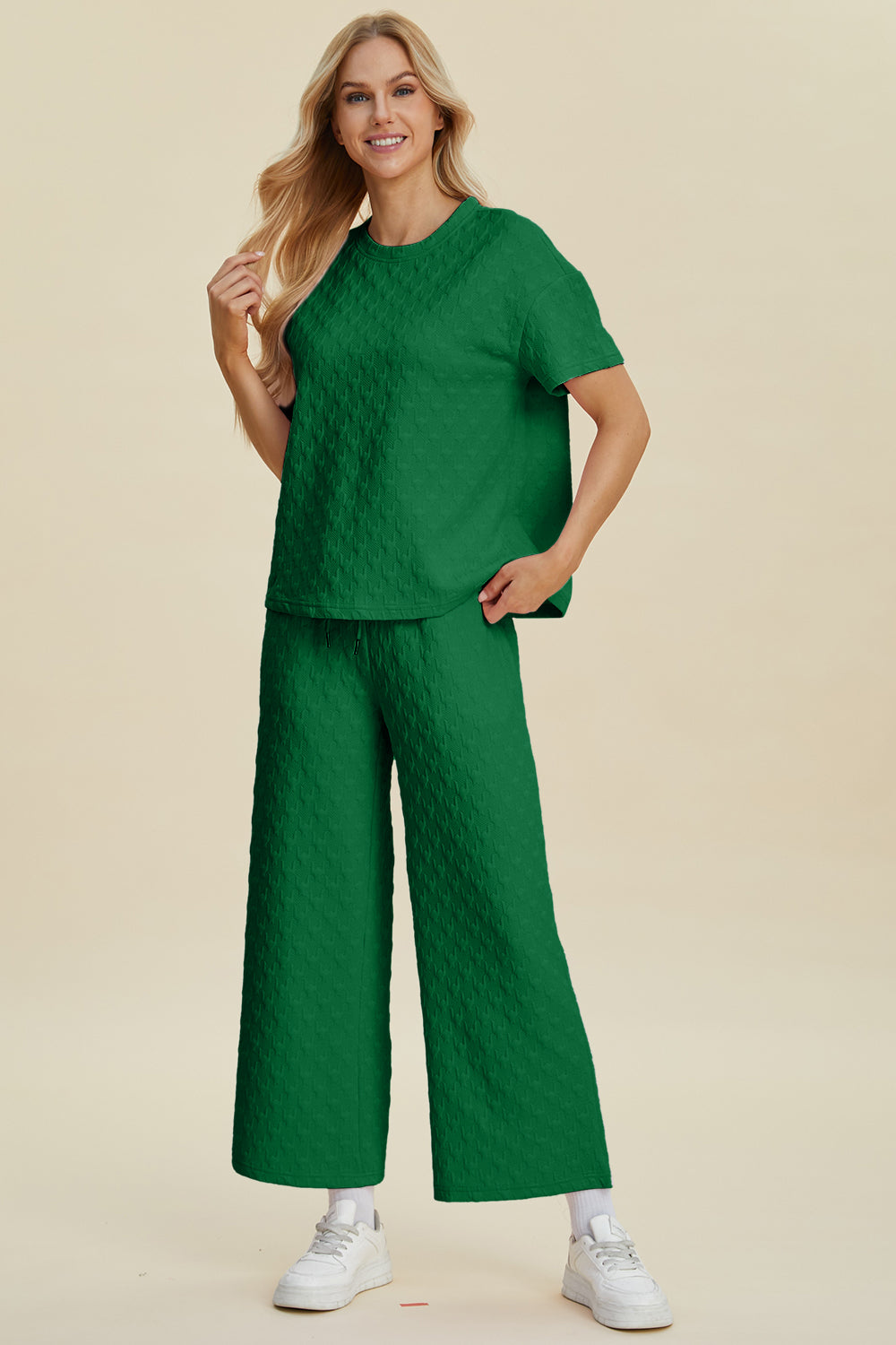 Double Take Full Size Texture Round Neck Short Sleeve Top and Pants Set