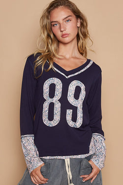 POL V-Neck Long Sleeve Floral Number Patch T-Shirt