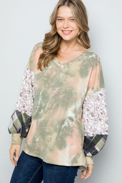 Celeste Full Size Tie-Dye V-Neck Printed Sleeve Blouse