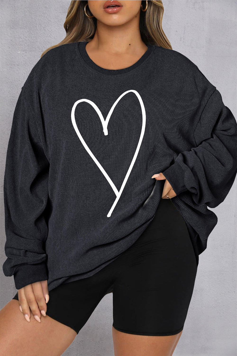 Plus Size Heart Ribbed Round Neck Sweatshirt